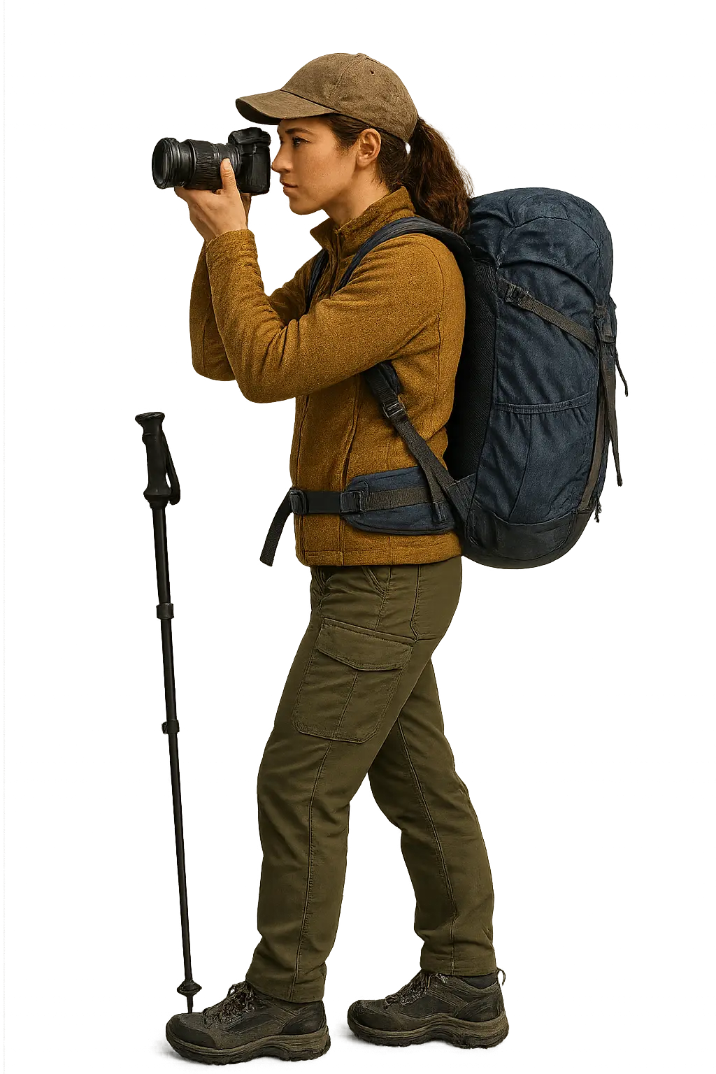 Girl taking Female photographer with backpack and trekking poles capturing wildlife photography in Sikkim mountains wearing outdoor gear and baseball cap