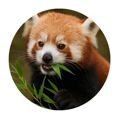 red panda Red panda eating bamboo leaves in natural habitat with russet fur, white-tipped ears, and distinctive facial markings in Sikkim wildlife sanctuary