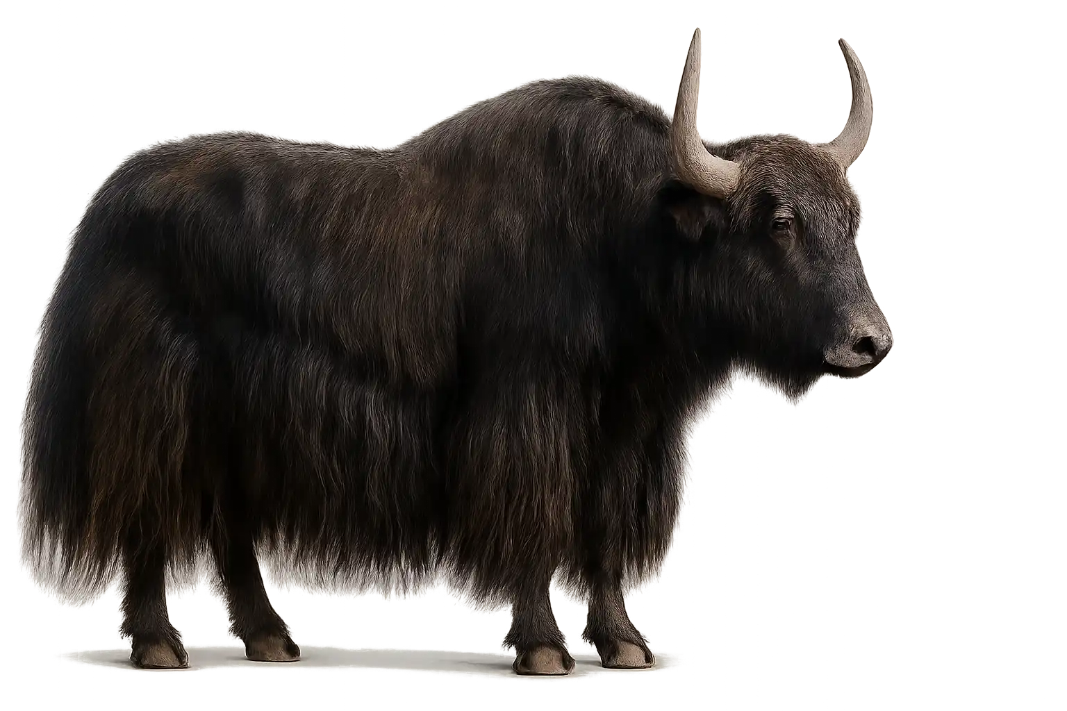 yak Tibetan yak with thick dark fur and curved horns standing against white background showcasing highland cattle adapted for Sikkim mountain conditions