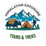 Himalayan Exposure Tours and Treks logo featuring a yak carrying supplies, a hiker with trekking poles beside an orange tent, set against snow-capped Himalayan mountains, symbolizing adventure travel and trekking tours.