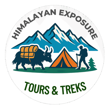 Himalayan Exposure Tours & Treks logo featuring mountain peaks, a trekking tent, yak, and hiker representing adventure travel services in Sikkim