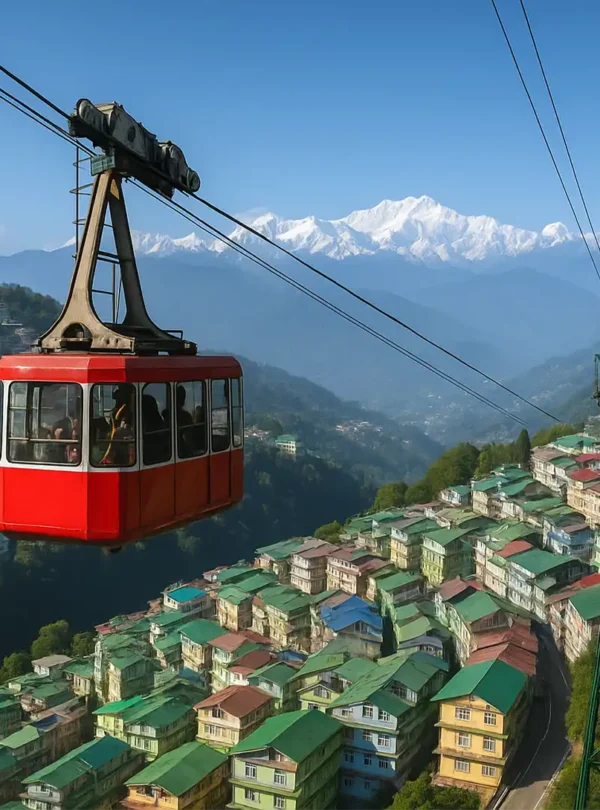 Gangtok Ropeway experience in Sikkim: Enjoying panoramic views of the city and Himalayas.