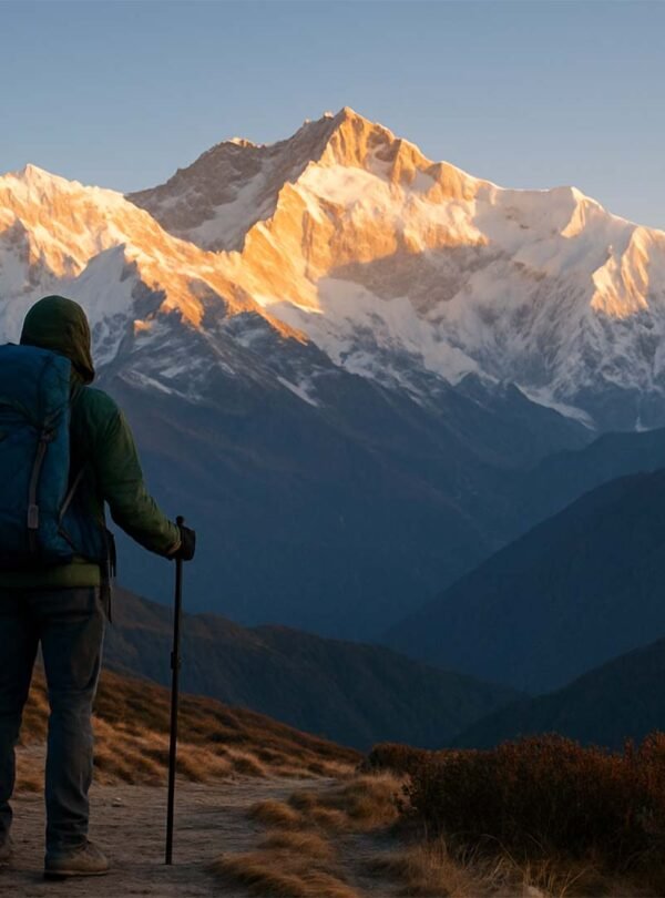 a trekker trekking in Sikkim Himalayas. It is a photorealistic image. Trekker is facing the Kanchenjunga, which is touched by morning sunlight. The place is Dzongri Top, a point on the way to Goechala.