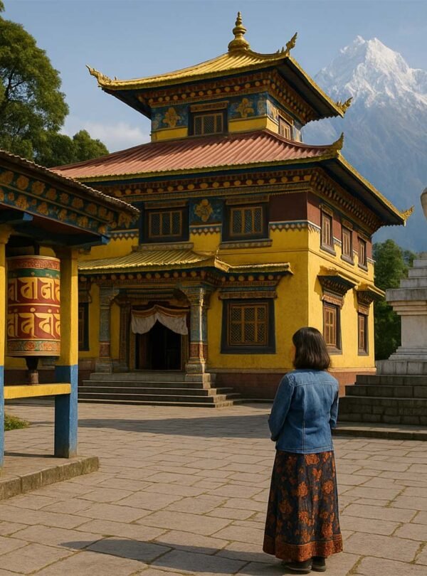 Sikkim cultural tour: Woman at a vibrant Buddhist monastery with prayer wheels and Himalayan views.