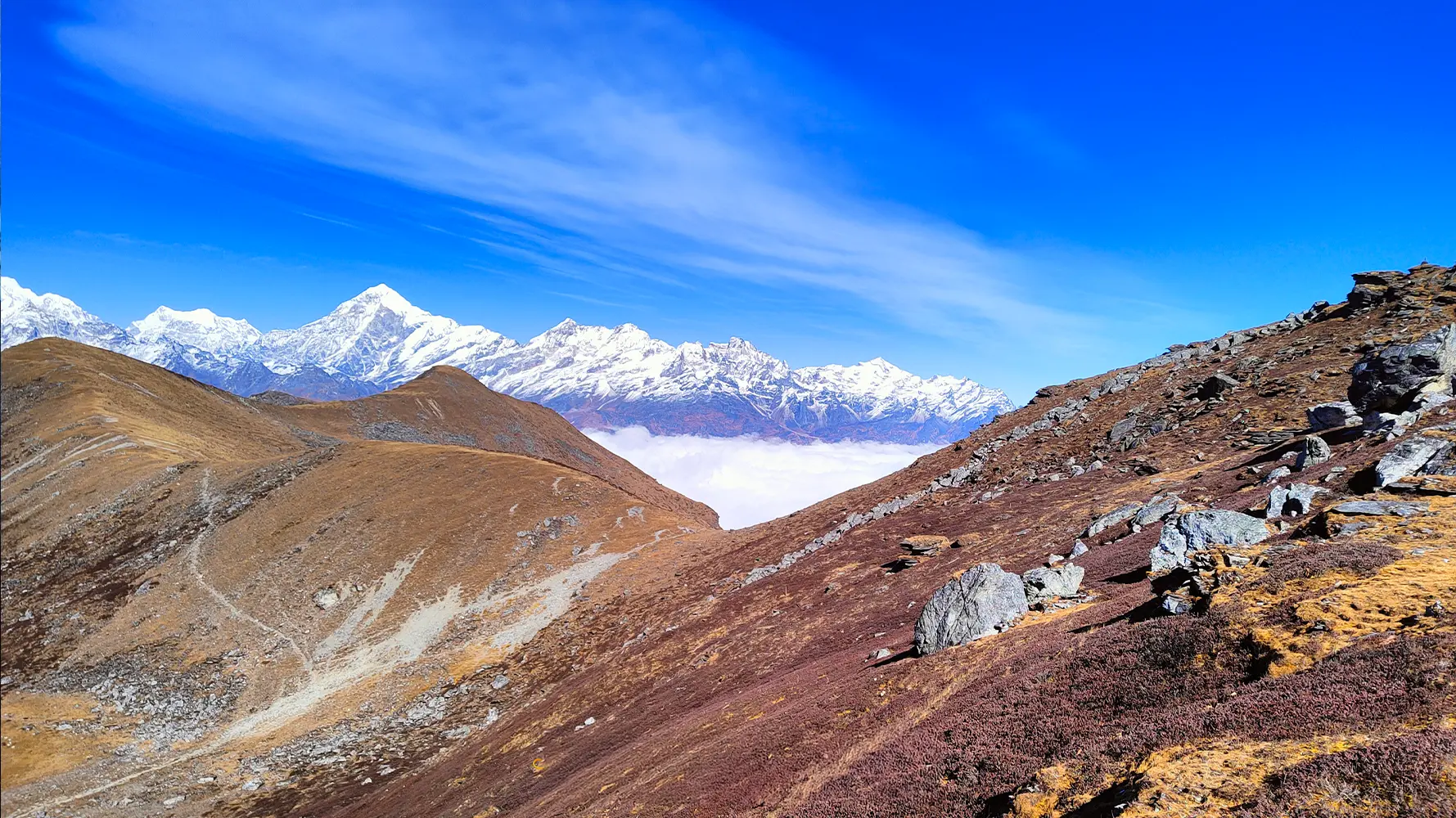 Scenic view of the Phoktey Dara Trek with snow-covered Himalayan peaks, rugged mountain terrain, and clear blue skies