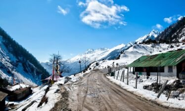 North Sikkim photo a road and house covered in snow