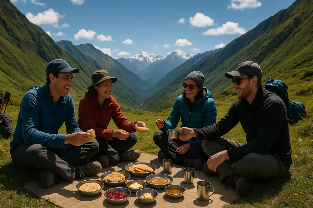 Group of trekkers enjoying a traditional meal in the lush green mountains of Sikkim with snow-capped peaks in the background.