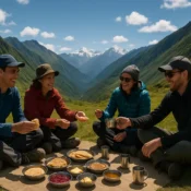Group of trekkers enjoying a traditional meal in the lush green mountains of Sikkim with snow-capped peaks in the background.