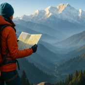 Hiker with orange backpack and rolled sleeping mat reading a map on a mountain overlook, with sunrise lighting snow-capped Himalayan peaks and pine-covered valleys in the distance.