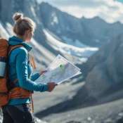 Female hiker with blonde hair in a bun wearing a blue jacket and orange backpack studies a topographic map in a rugged mountain landscape, with rocky alpine terrain and distant snow patches under a bright sky.