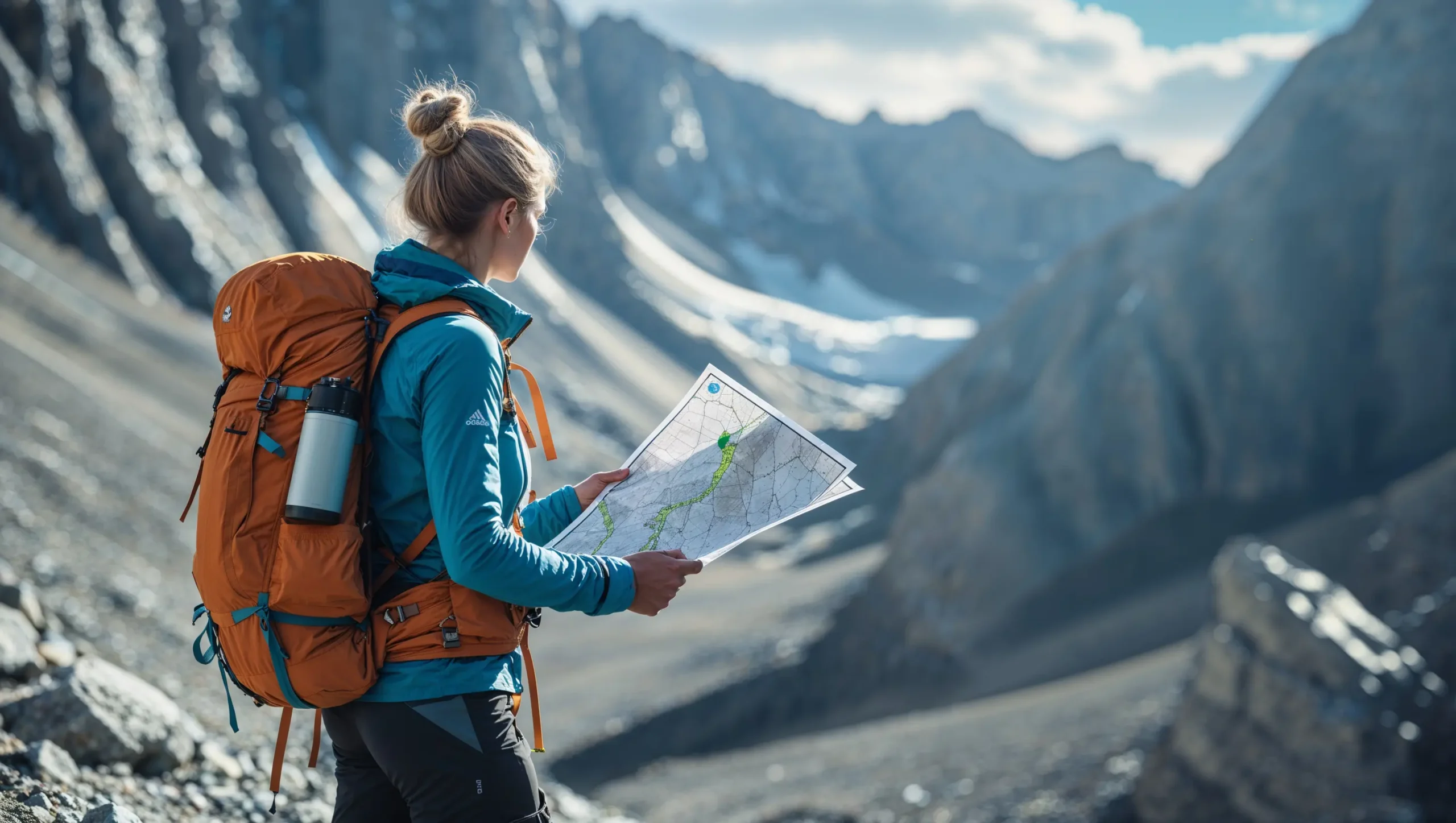Female hiker with blonde hair in a bun wearing a blue jacket and orange backpack studies a topographic map in a rugged mountain landscape, with rocky alpine terrain and distant snow patches under a bright sky.