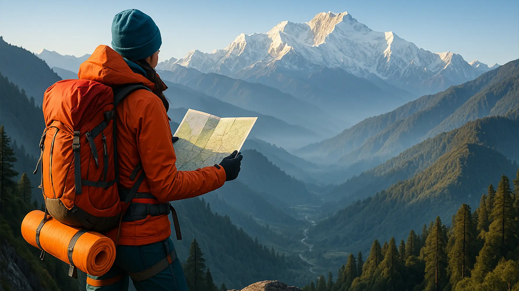 Hiker with orange backpack and rolled sleeping mat reading a map on a mountain overlook, with sunrise lighting snow-capped Himalayan peaks and pine-covered valleys in the distance.