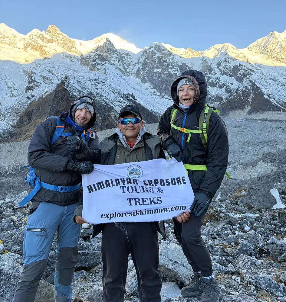 Himalayan Alpine Tours & Treks team with trekkers at Goechala viewpoint in Sikkim, with Mt. Kanchenjunga in the background